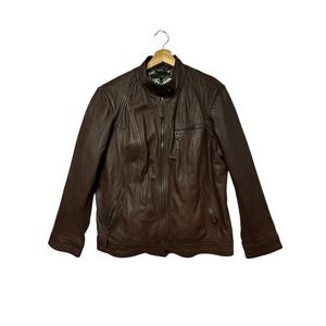 Wilsons Leather Brown Moto Cafe Racer Jacket Leopard Print Lining Womens 2X GUC